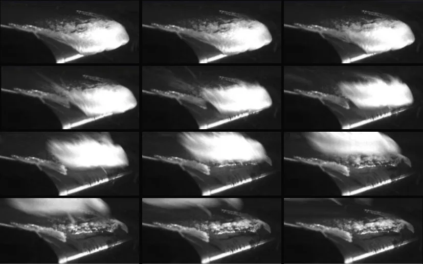 Time series of high-speed recording of detaching ice layer from a NACA0012 airfoil