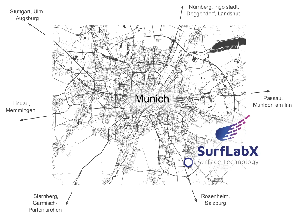 Map of Munich with location of SurfLabX in the south of Munich